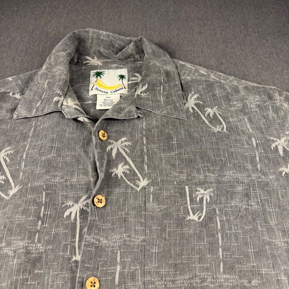 Banana Cabana Mens Grey 100% Silk Palm Tree Short Sleeve Button Up Shirt Size M